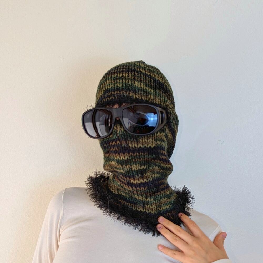 Green Camo Military Multicolor Grunge Fuzzy Knitted Handmade Balaclava Hat